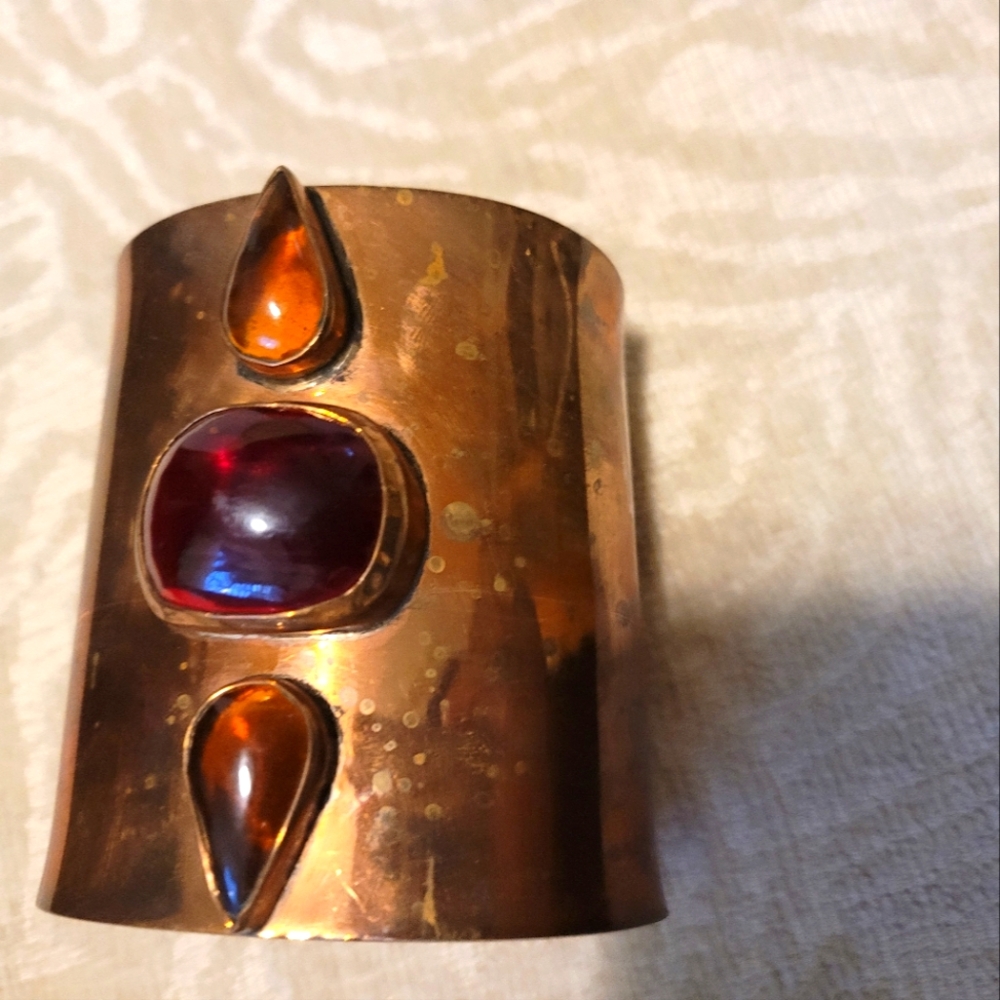 Copper Cuff Bracelet with Red and Orange Stones